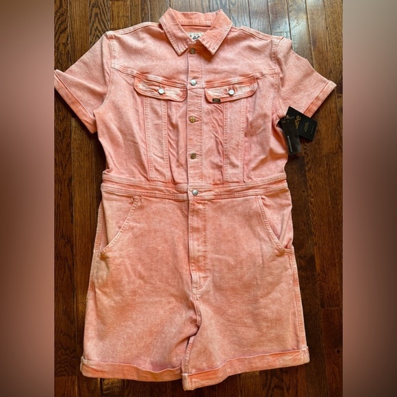 Vintage Lee Denim Union All One Piece Shorts Romper Overall Large Acid Wash Pink - Picture 1 of 7